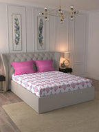 MYTRIDENT Moments Pink White Ethnic Pure Cotton 120 TC Queen Bedsheet Pillow Covers | Grocsy