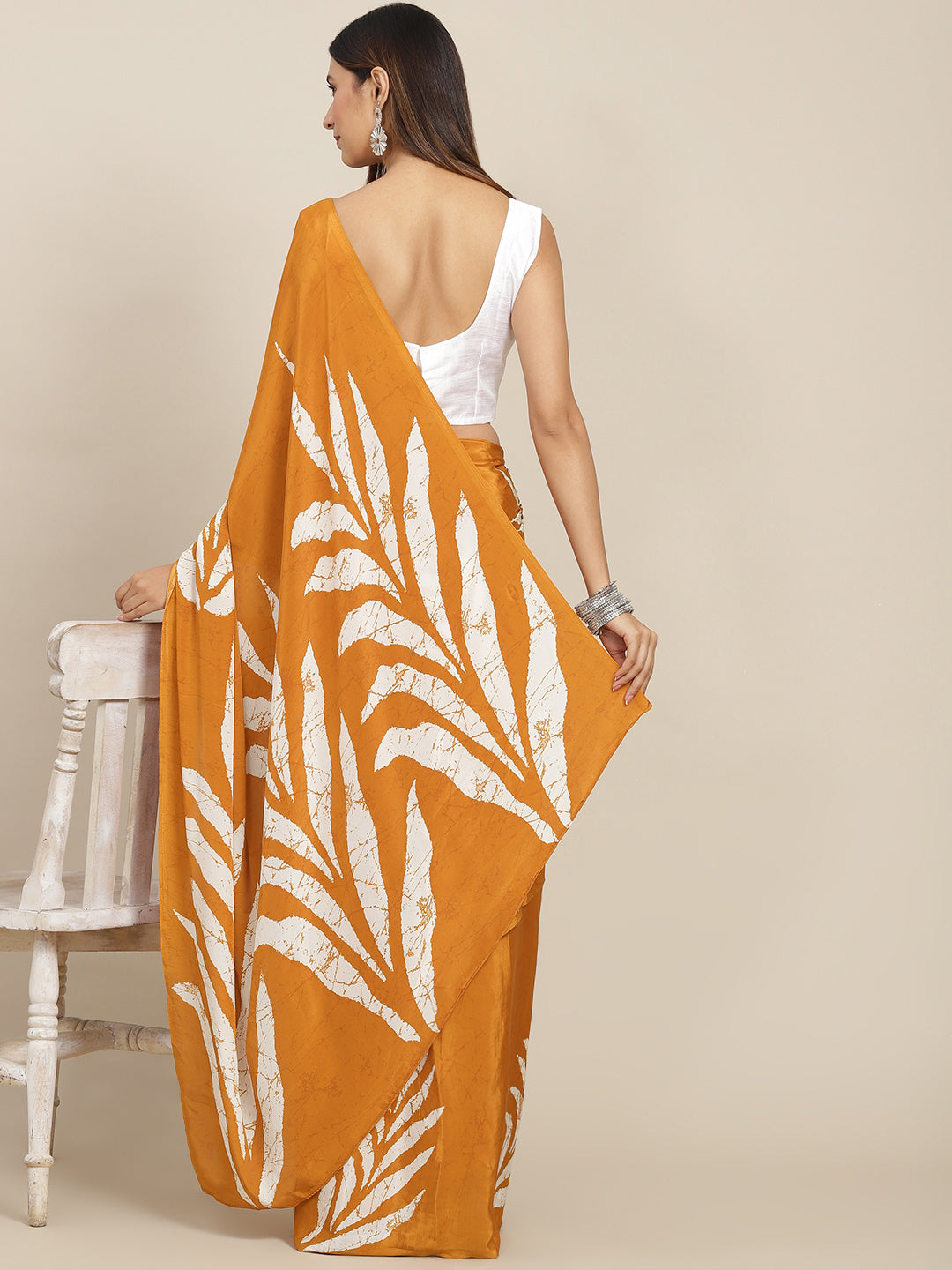 Tikhi Imli Mustard & White Floral Print Satin Saree | Grocsy