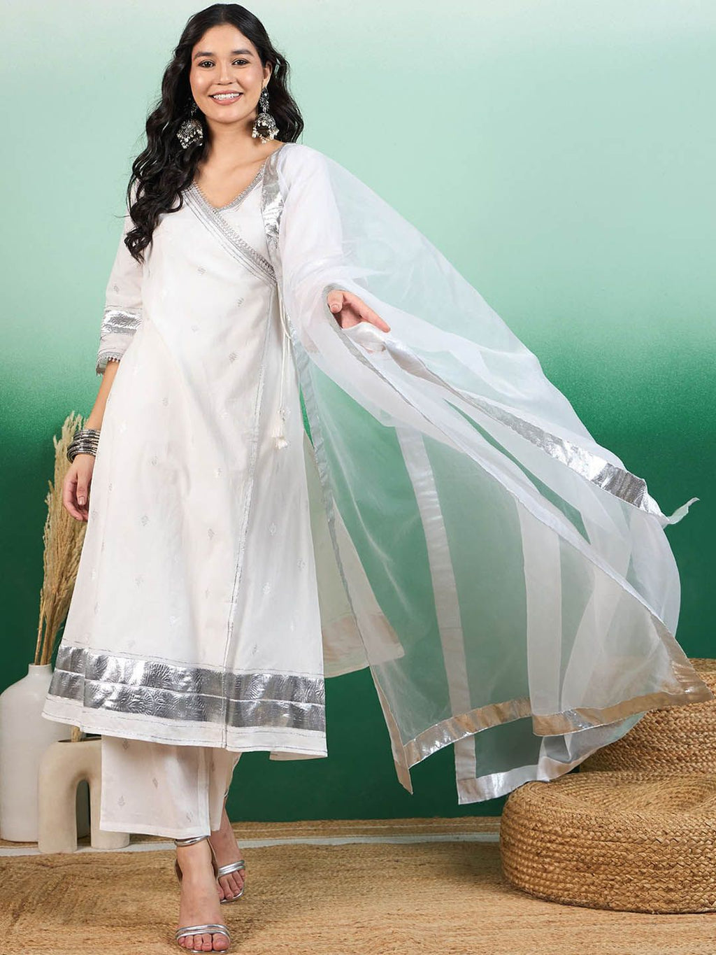 Sangria White Ethnic Motifs Printed Angrakha Kurta With Trouser & Dupatta | Grocsy