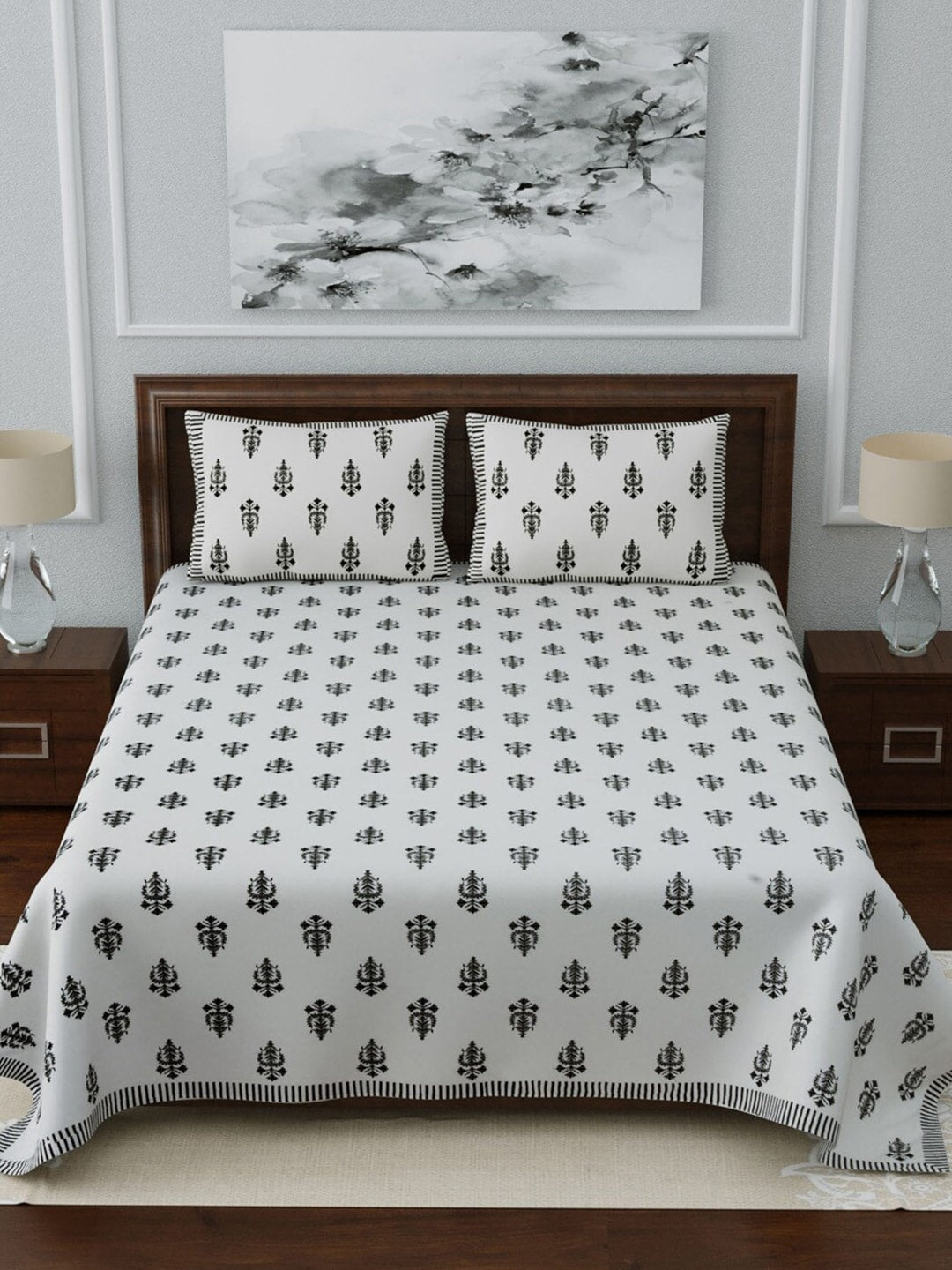 LIVING ROOTS White & Grey Ethnic Motifs 210 TC King Bedsheet with 2 Pillow Covers | Grocsy