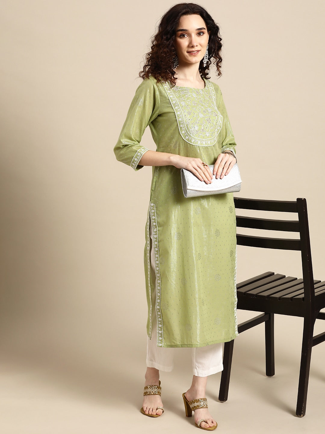 Sangria Women Olive Green Floral Yoke Design Thread Work Pastels Kurta | Grocsy