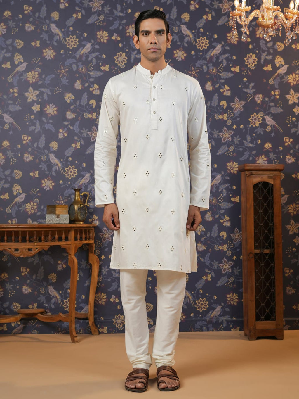 House of Pataudi Men Off White Geometric Embroidered Mirror Work Kurta | Grocsy