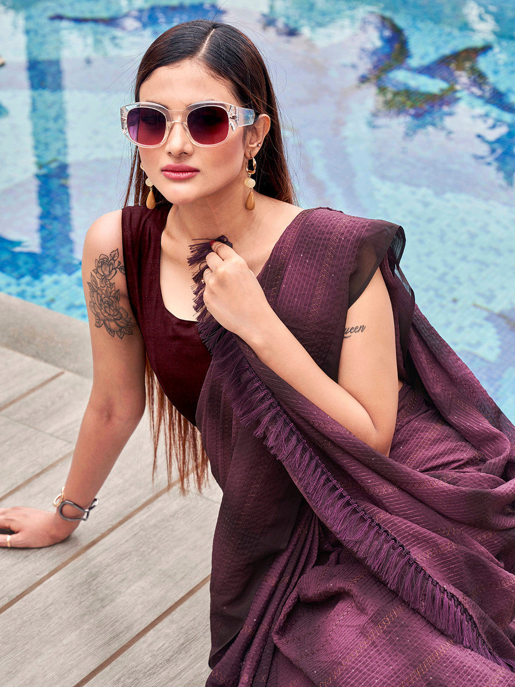 Tikhi Imli Woven Design Embellished Sequinned Saree With Tassles | Grocsy