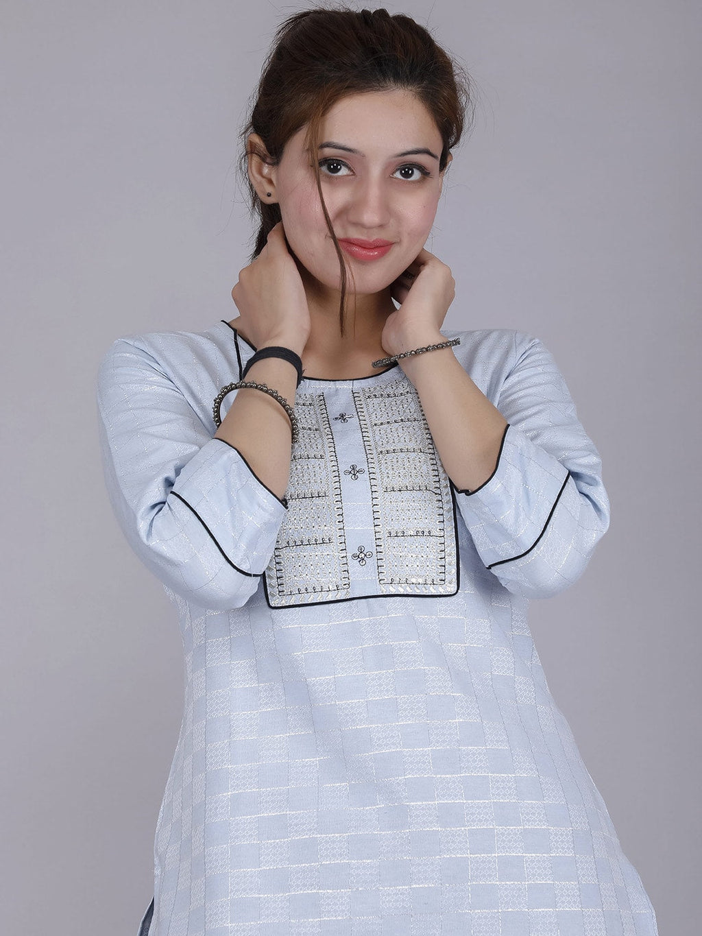HERE&NOW Women Blue Yoke Design Pure Cotton Thread Work Kurta | Grocsy