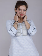 HERE&NOW Women Blue Yoke Design Pure Cotton Thread Work Kurta | Grocsy