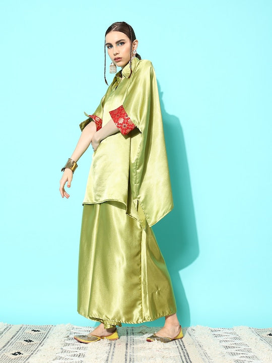 InWeave Women's Olive Red Brocade Satin Boho Kurta Palazzo Set | Grocsy