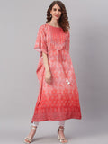 Janasya Women Peach-Coloured Ethnic Motifs Dyed Thread Work Georgette Kaftan Kurta | Grocsy