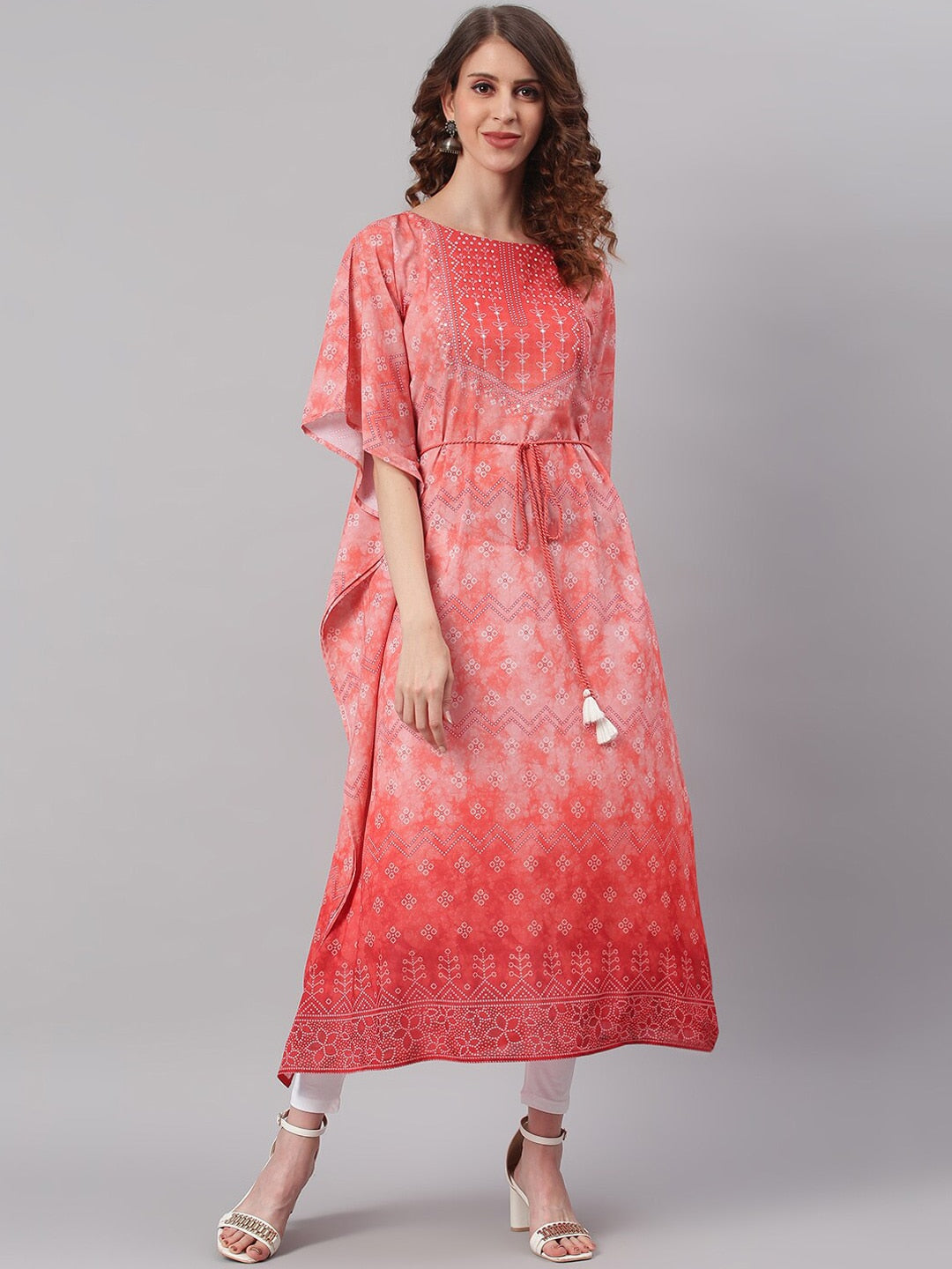 Janasya Women Peach-Coloured Ethnic Motifs Dyed Thread Work Georgette Kaftan Kurta | Grocsy