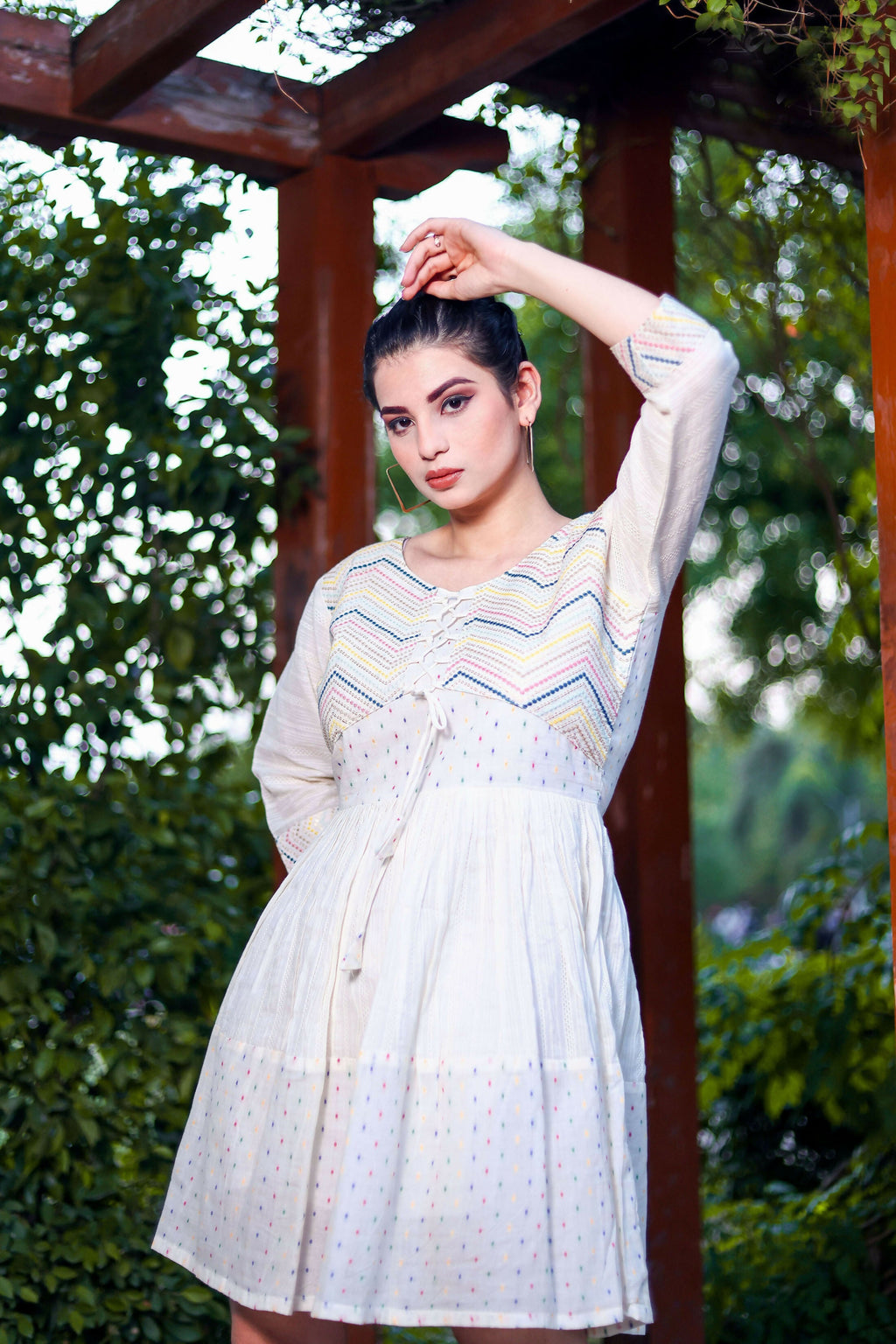 Aayaa Designer Multi Thread Hand Work Khadi Cotton One Piece Dress - Off White | Grocsy