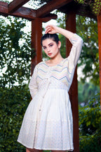 Aayaa Designer Multi Thread Hand Work Khadi Cotton One Piece Dress - Off White | Grocsy
