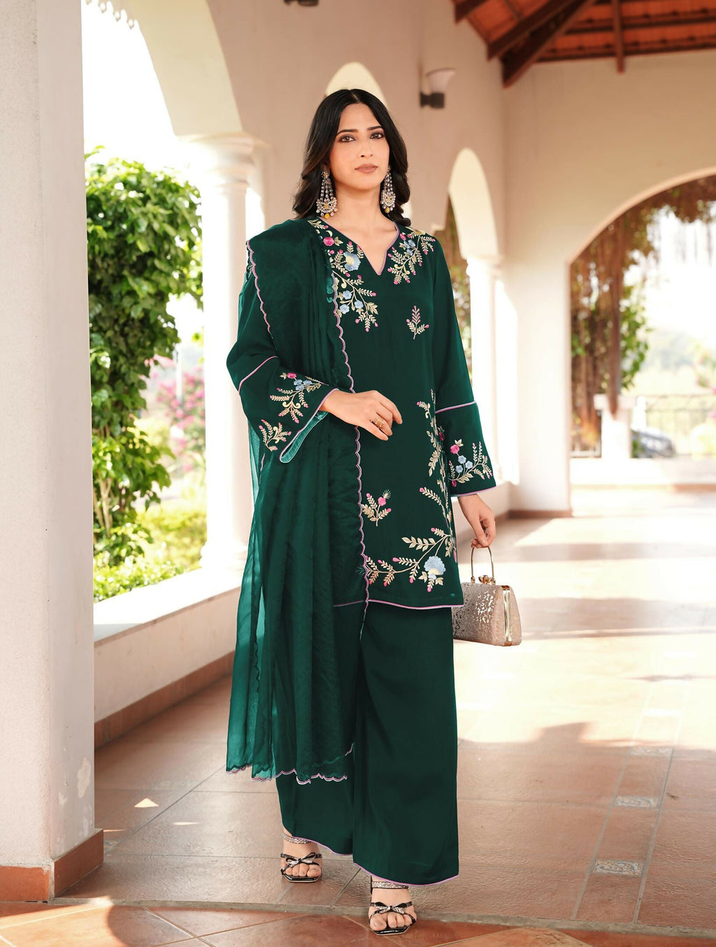 Nikhaar Dark Green Embroidered Art Silk Stitched Straight Cut Kurta Culottes Dupatta Readymade Suit | Grocsy