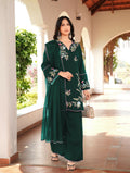 Nikhaar Dark Green Embroidered Art Silk Stitched Straight Cut Kurta Culottes Dupatta Readymade Suit | Grocsy