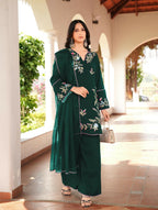 Nikhaar Dark Green Embroidered Art Silk Stitched Straight Cut Kurta Culottes Dupatta Readymade Suit | Grocsy