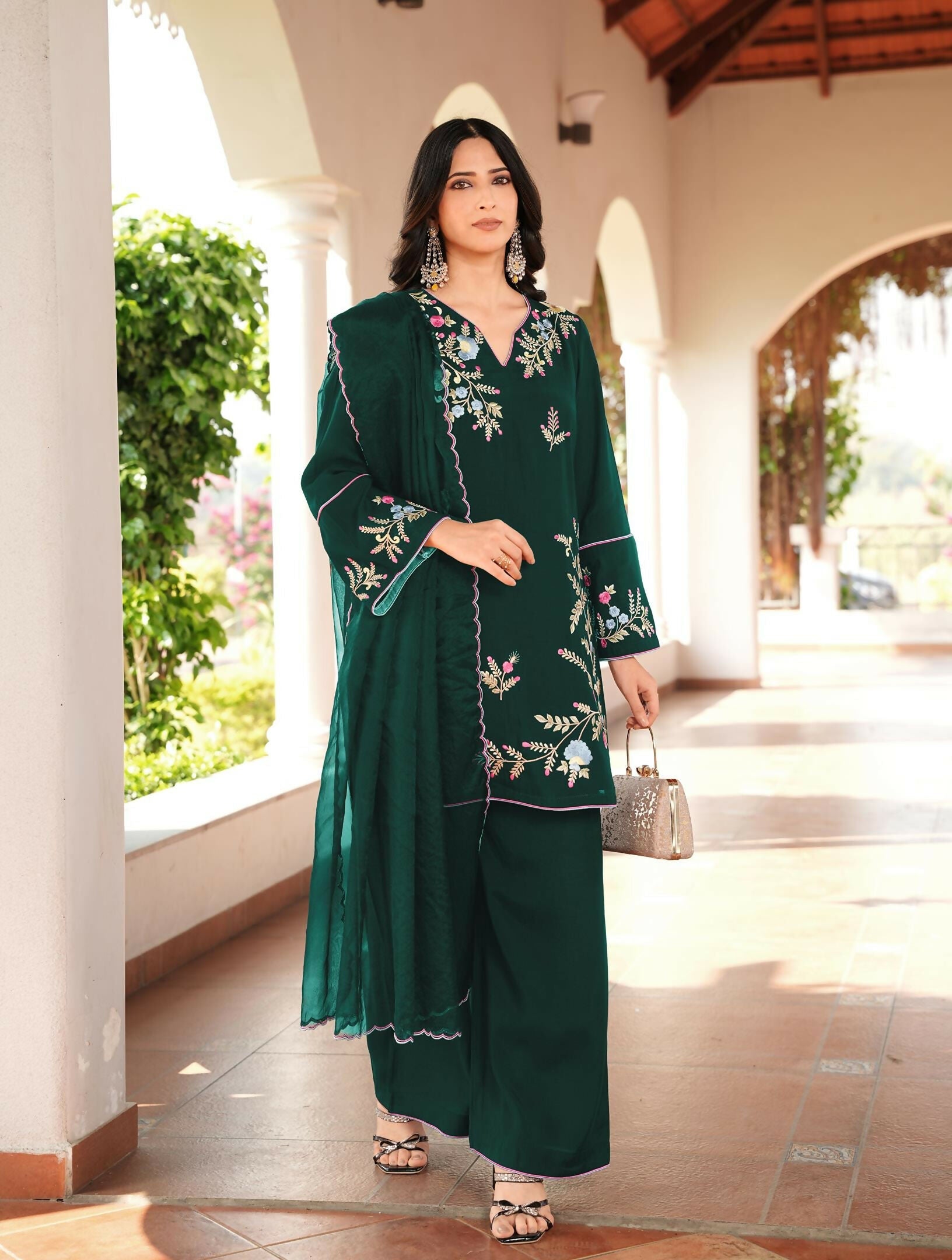 Nikhaar Dark Green Embroidered Art Silk Stitched Straight Cut Kurta Culottes Dupatta Readymade Suit | Grocsy