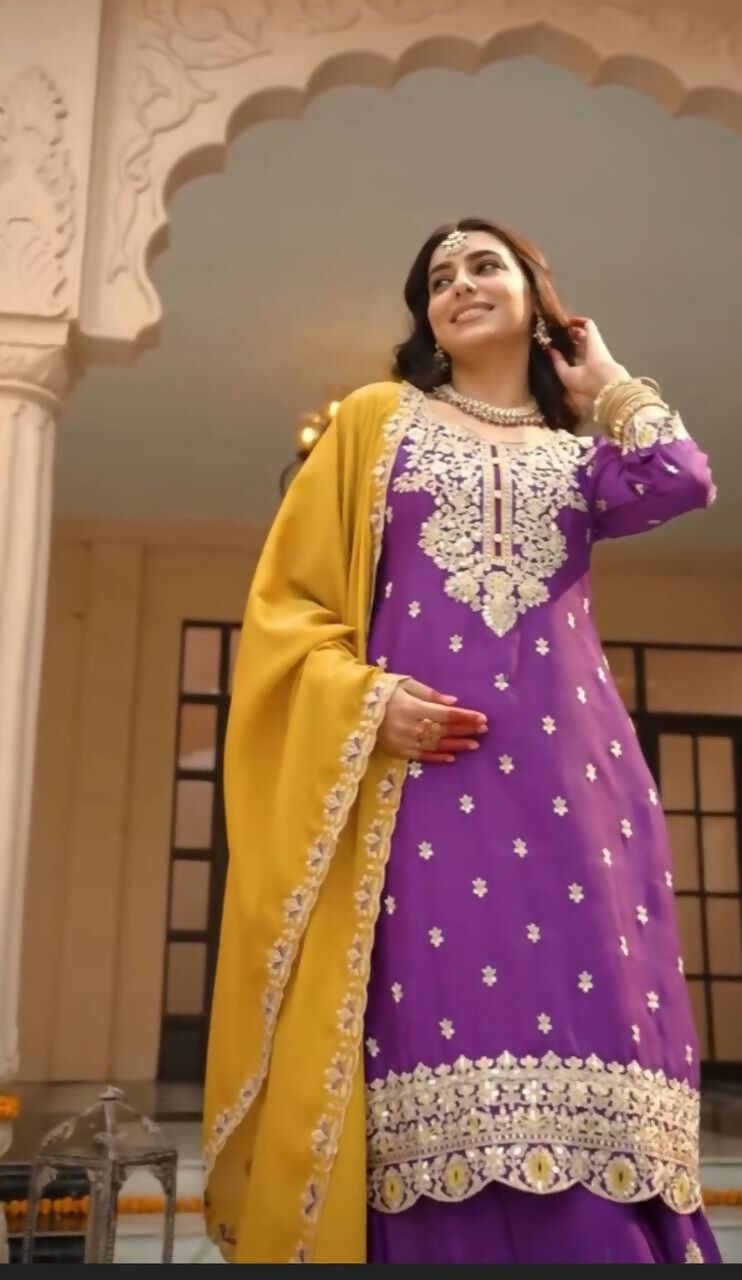 Teeya Creation Womens New Wedding Wear Heavy Embroidery Thread Work Purple Kurta Set | Grocsy