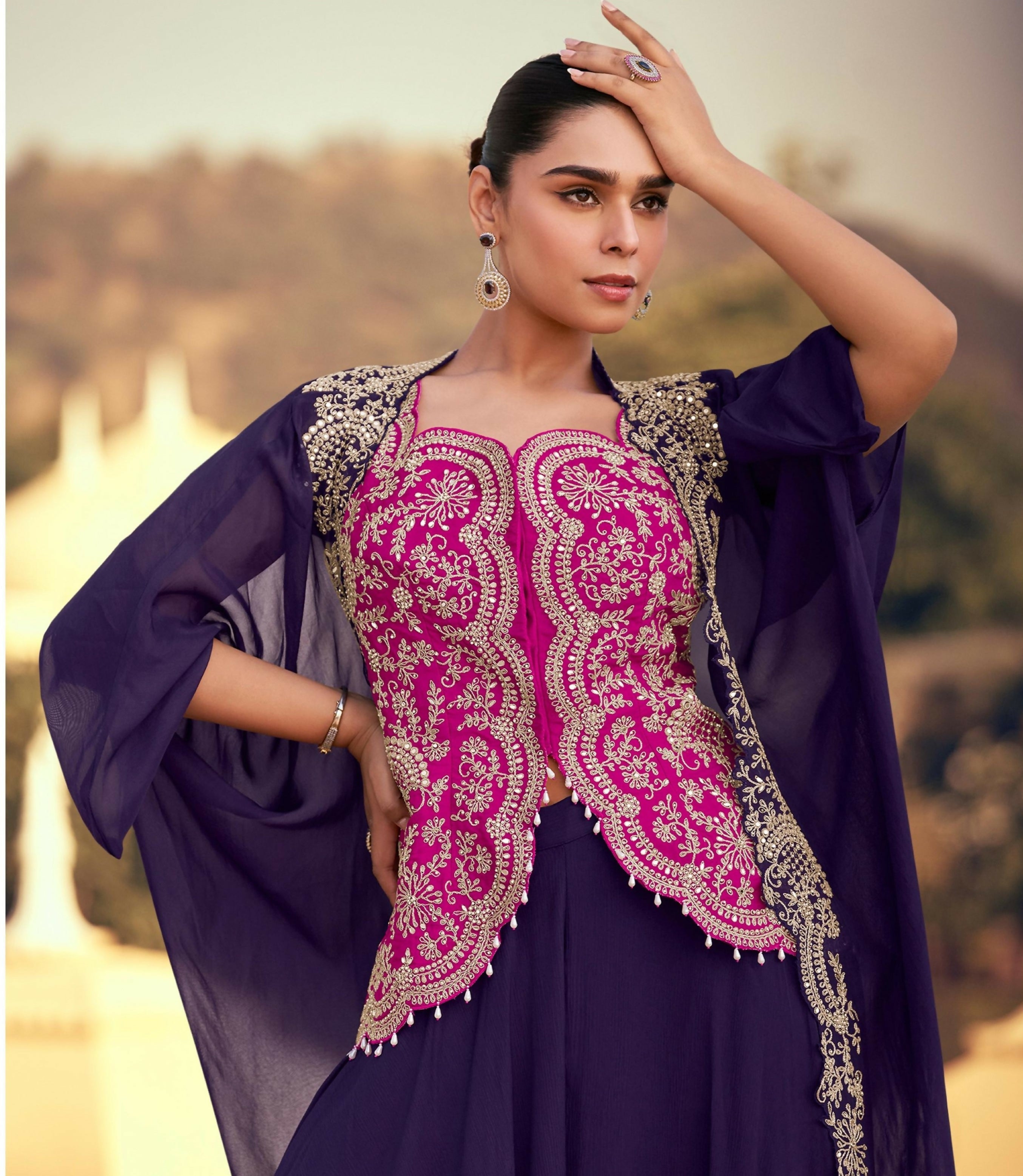 Anaita violet Chinon Readymade Shrug Suit with Heavy Embroidery Work | Grocsy