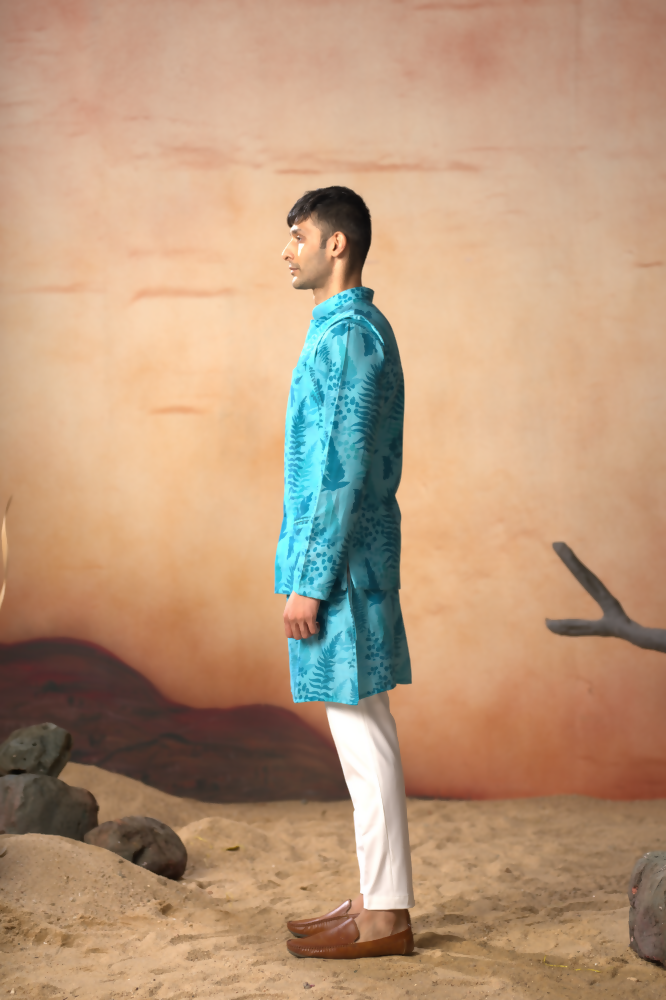 Breezy Leaves Print Cotton Nehru Jacket Set by Hilo Design | Grocsy