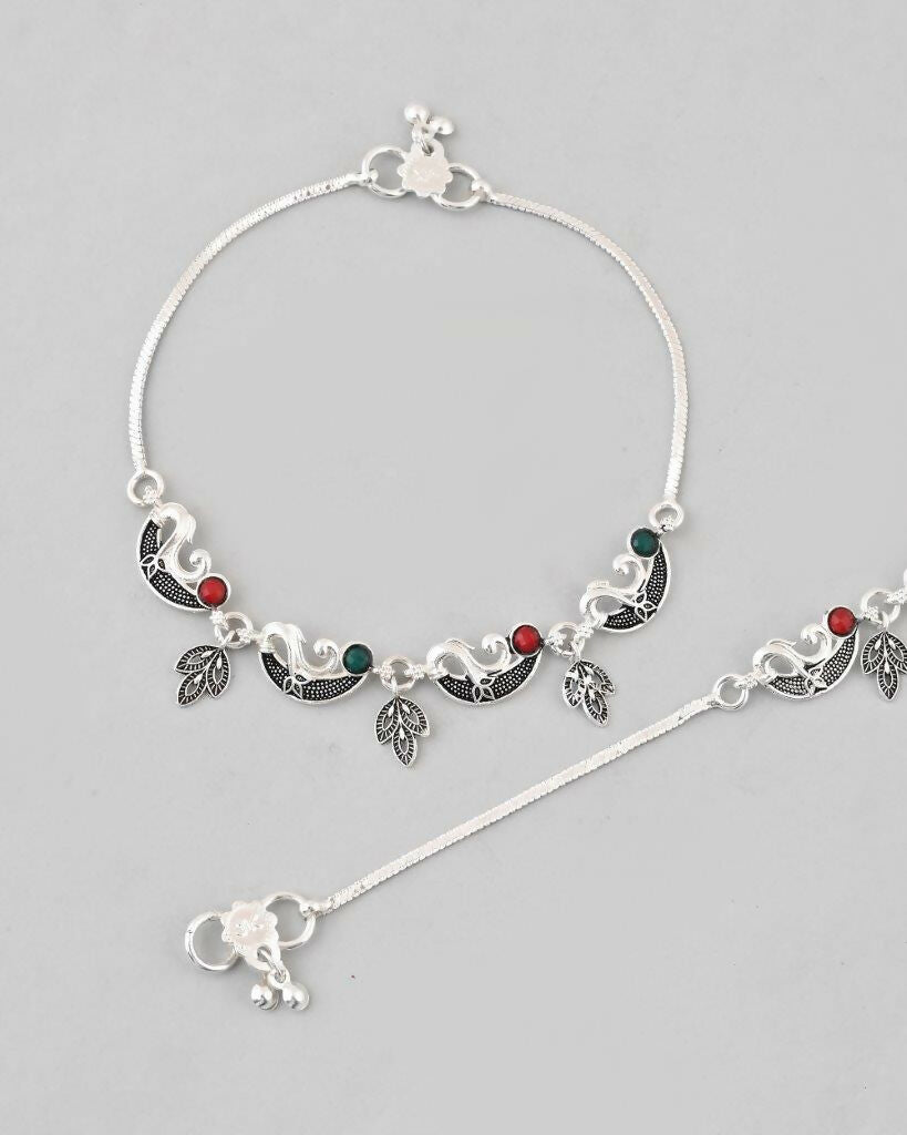 VOJ Set of 2 Silver Plated Meenakari Multi Color Anklet | Grocsy