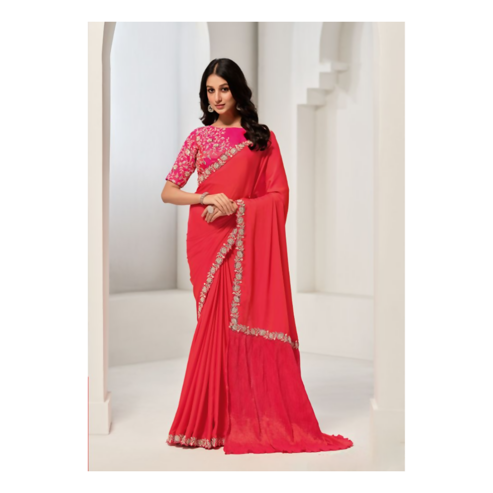 Red Crepe 2 tone silk Sequence & Handwork Saree with Unstitched Blouse - Norita Saanjh | Grocsy