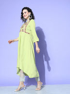All About You Women Green Floral Embroidered Mirror Work Floral Anarkali Kurta | Grocsy