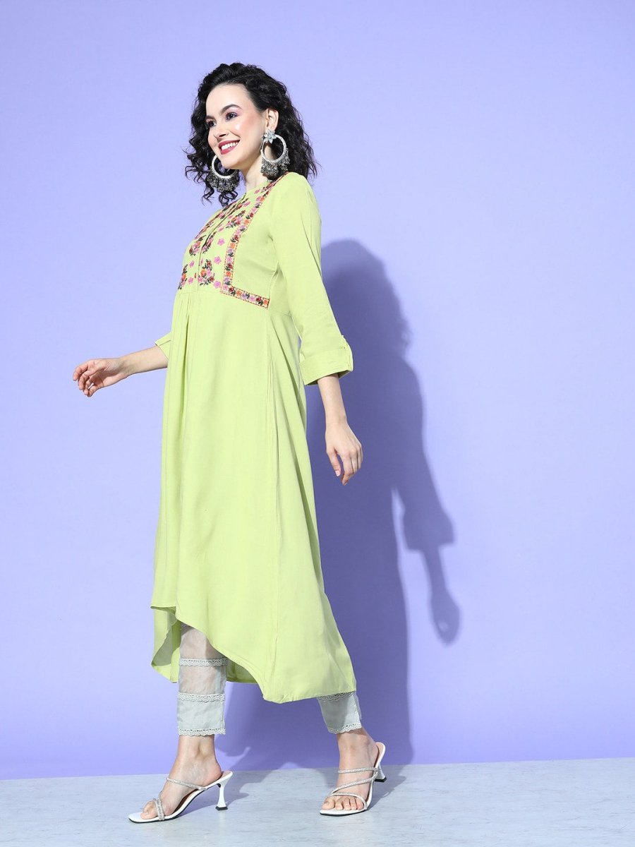 All About You Women Green Floral Embroidered Mirror Work Floral Anarkali Kurta | Grocsy