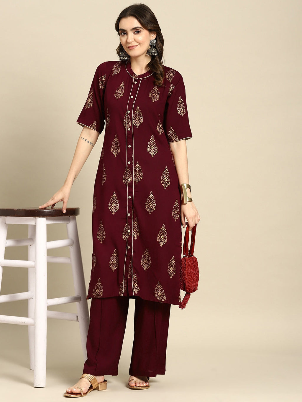 Sangria Ethnic Motifs Printed Pure Cotton Kurta With Palazzos | Grocsy