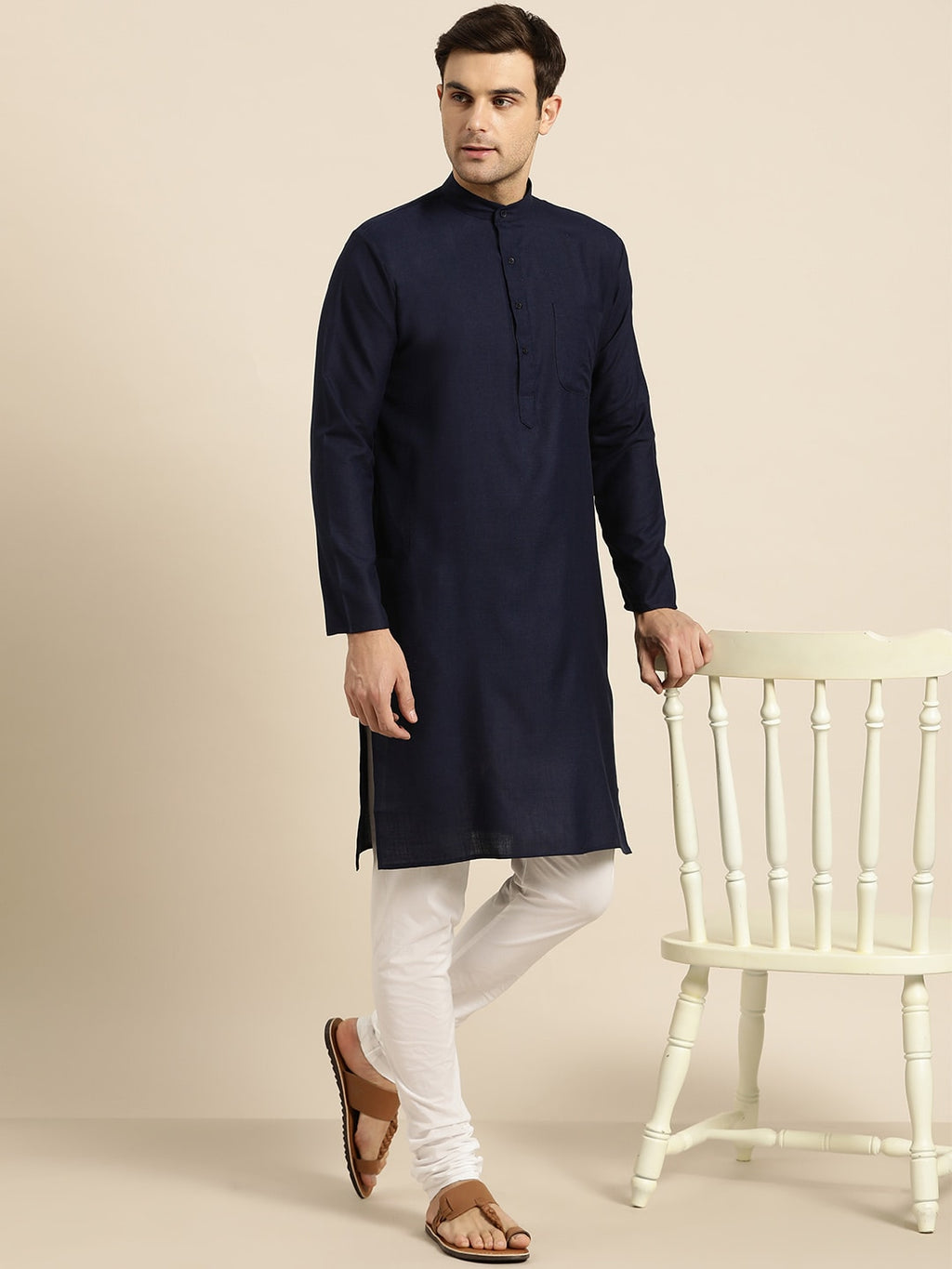 Sojanya Men Navy Blue Solid Straight Kurta | Grocsy
