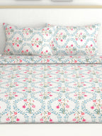 haus & kinder Blossoms Pink & White 186 TC Cotton Queen Bedsheet With 2 Pillow Covers | Grocsy