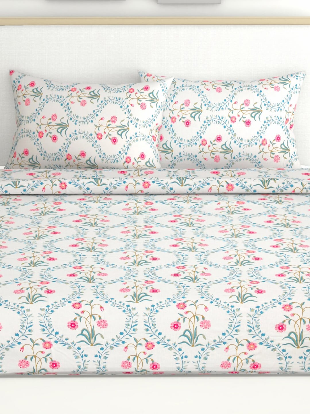 haus & kinder Blossoms Pink & White 186 TC Cotton Queen Bedsheet With 2 Pillow Covers | Grocsy