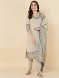 HERE&NOW Women Beige Printed Pure Cotton Kurta with Churidar & With Dupatta | Grocsy