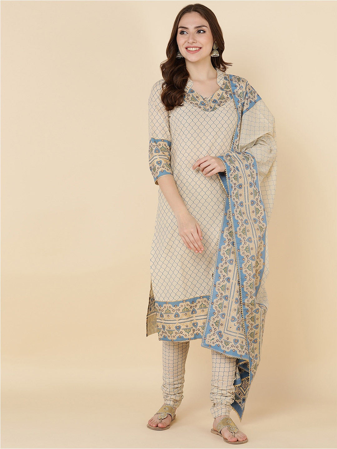HERE&NOW Women Beige Printed Pure Cotton Kurta with Churidar & With Dupatta | Grocsy