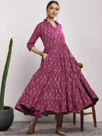 Sangria Women Pink Printed Tiered Anarkali Kurta | Grocsy