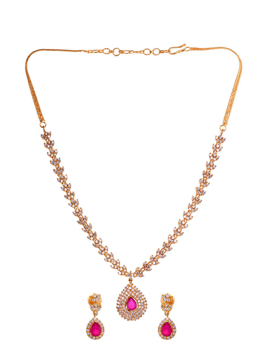 Saraf RS Jewellery Gold-Polished White & Red American Diamond Studded & Beaded Handcrafted Jewellery Set | Grocsy