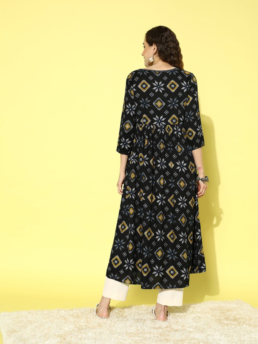 All About You Women Black & Yellow Printed Thread Work Tiering Liva Anarkali Kurta | Grocsy