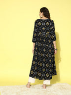 All About You Women Black & Yellow Printed Thread Work Tiering Liva Anarkali Kurta | Grocsy