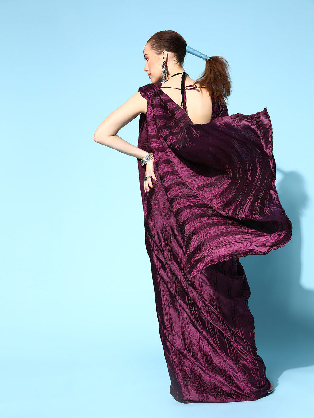 Tikhi Imli Burgundy Accordion Pleated Ready to Wear Saree | Grocsy