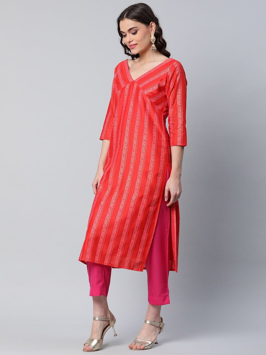 Ahalyaa Women Red Striped Kurta with Trousers | Grocsy