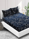 Stylespace by Isha Navy Blue & White Floral Velvet 300 TC Fitted King Bedsheet Set | Grocsy