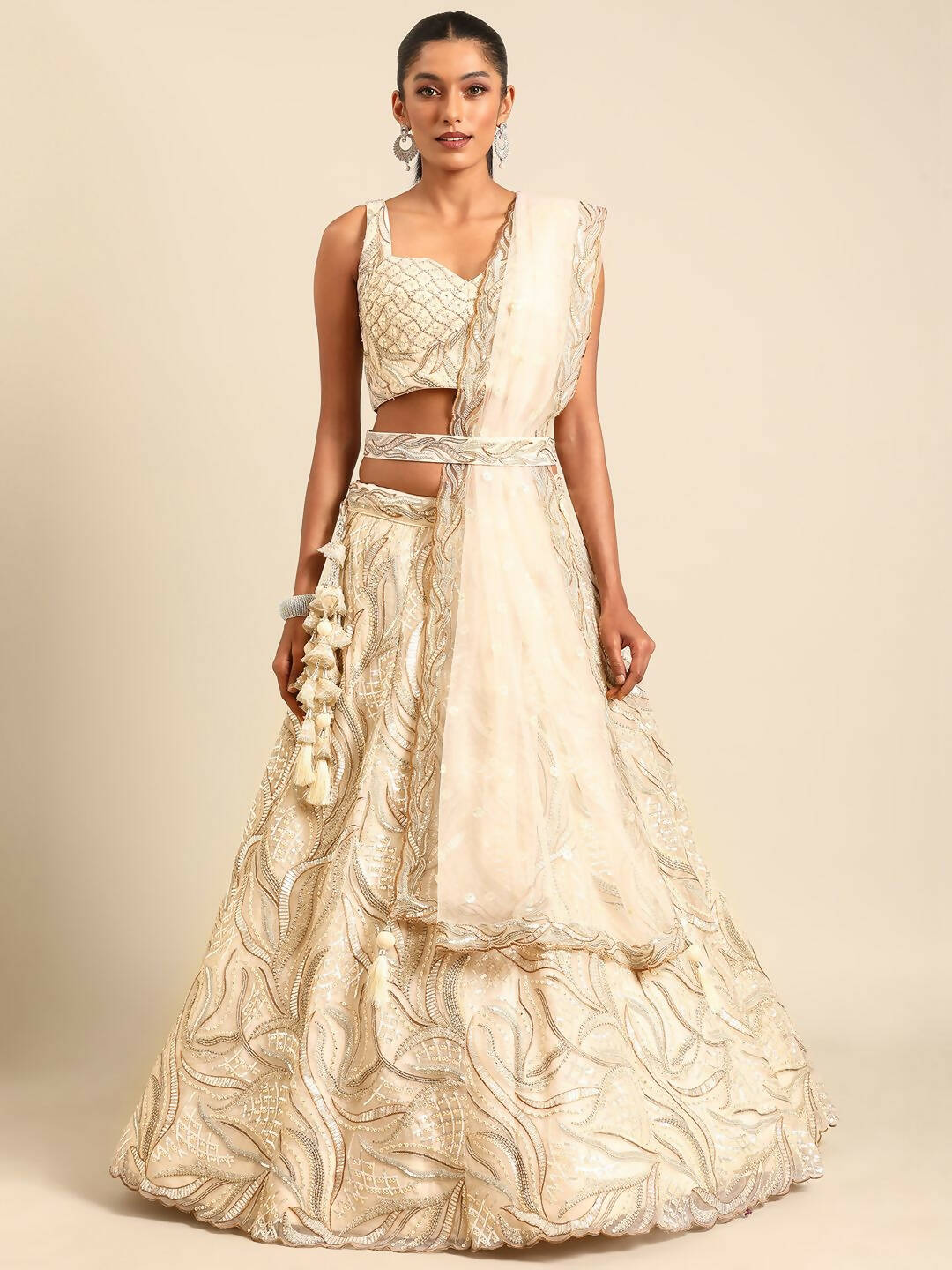 House of Panchhi Cream Net Sequins and Zarkan embroidery Lehenga choli & Dupatta | Grocsy
