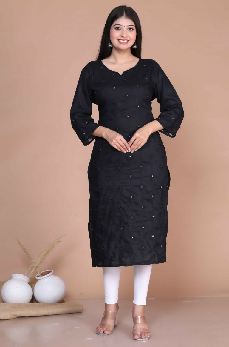 Miravan Women's Black Embroidered And Mirror Work Pakistani Straight Kurti | Grocsy