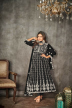 Jyoti Fashion Women's Black Net Embroidered Anarkali Kurta Pant Set With Dupatta | Grocsy