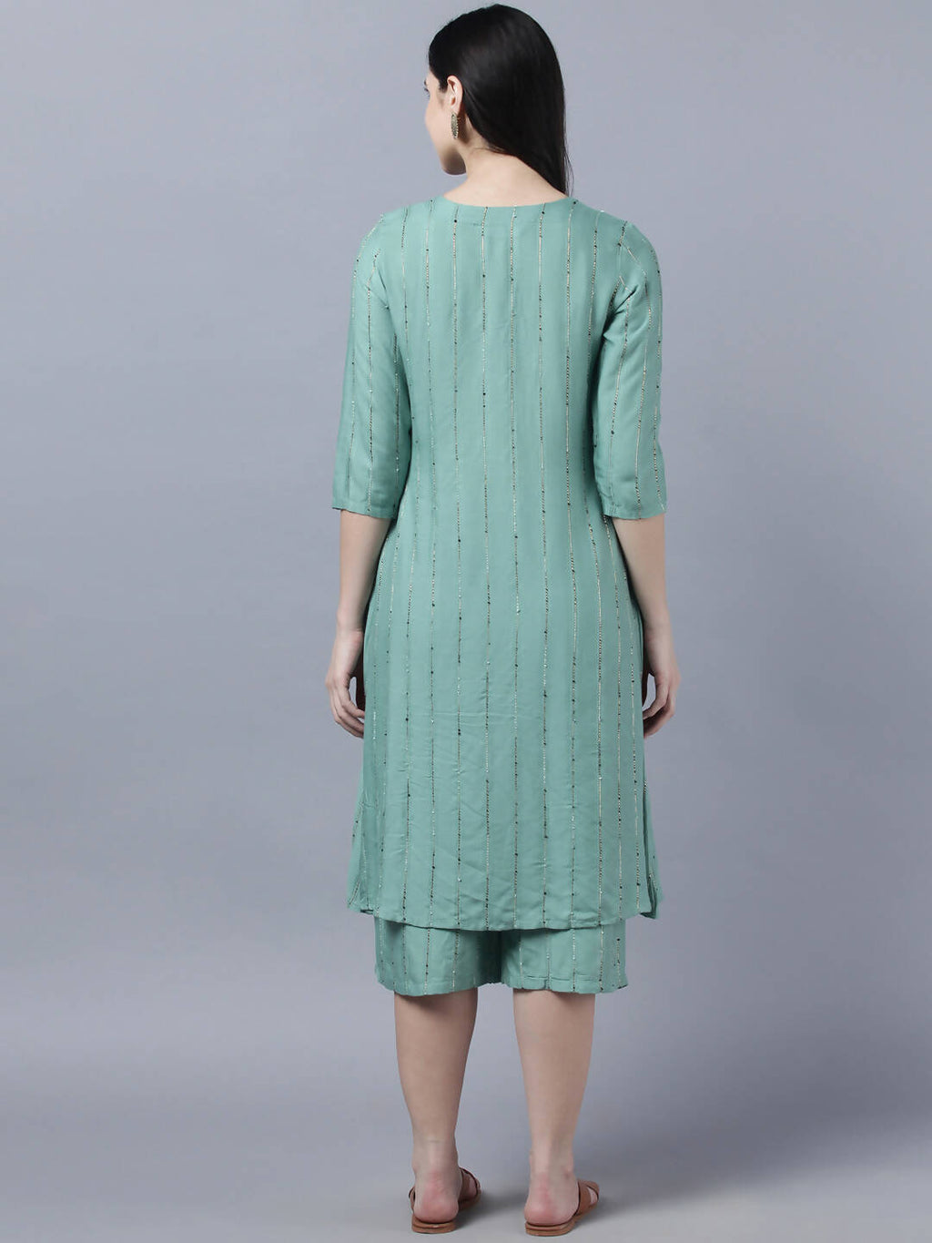 Myshka Women's Stylish Green Cotton 3/4 Sleeve Kurta Palazzo Set | Grocsy
