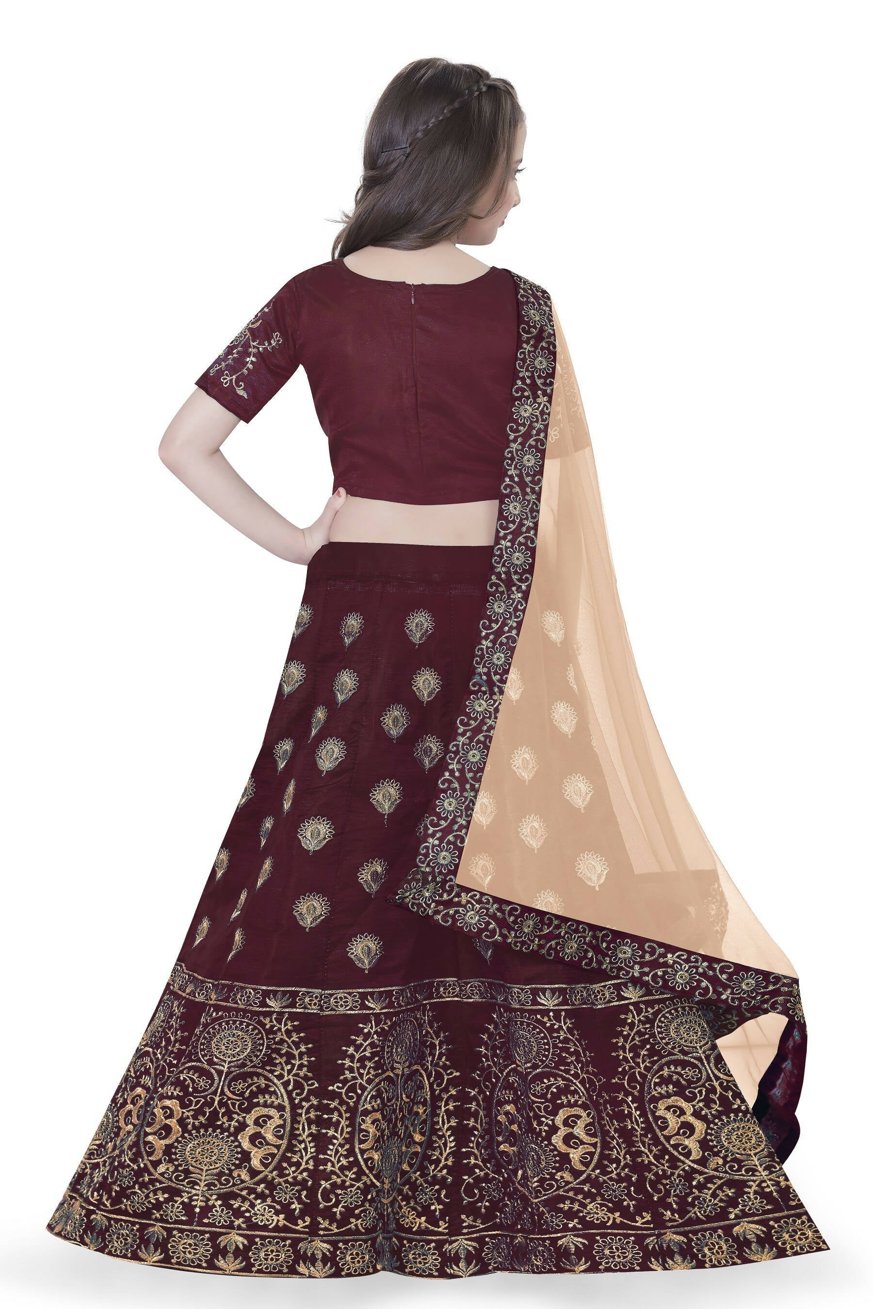 Dwiden Maroon Gulab Tafetta Sattin Semi-Stitched Girl'S Lehenga Choli | Grocsy