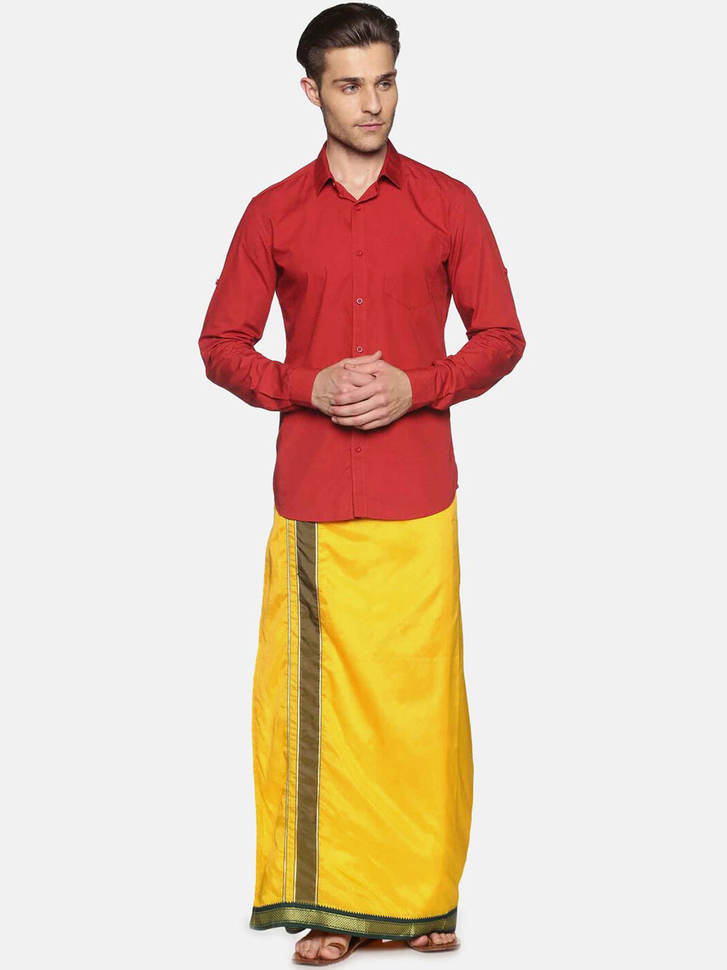 Sethukrishna Men Yellow Solid Readymade Dhoti | Grocsy