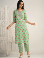 Sangria Floral Printed Gotta Patti Pure Cotton Kurta With Trouser & Dupatta | Grocsy