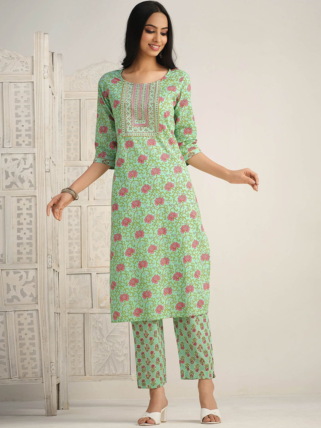 Sangria Floral Printed Gotta Patti Pure Cotton Kurta With Trouser & Dupatta | Grocsy