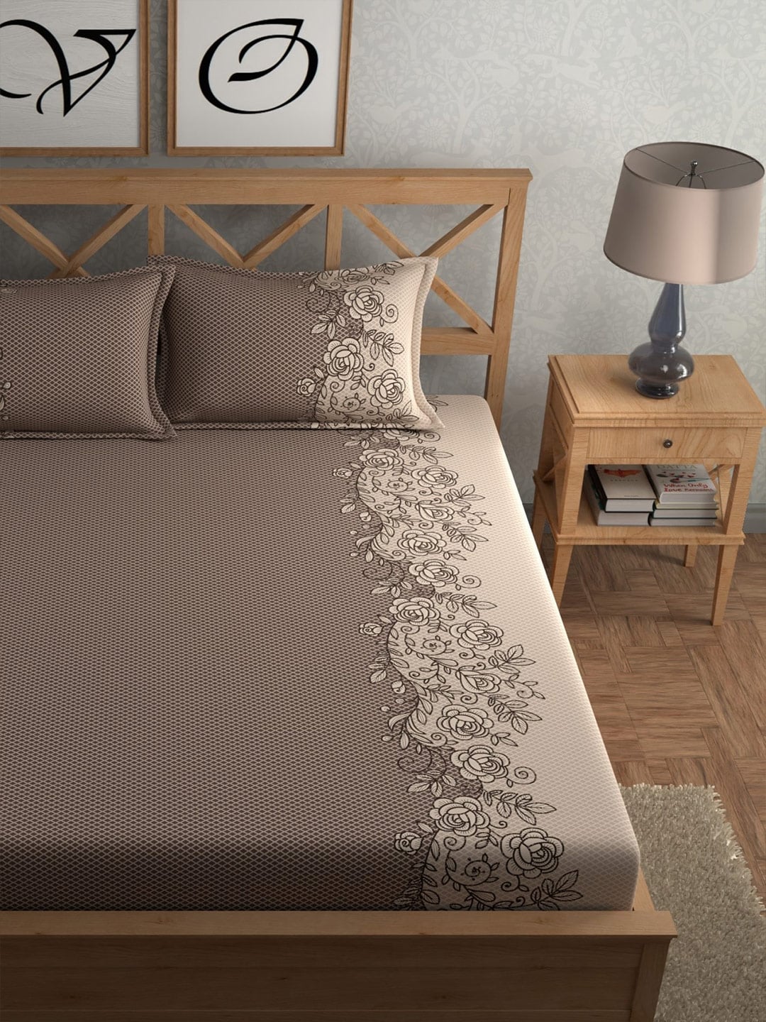 CHHAVI INDIA Brown Ethnic Motifs Cotton 210 TC King Bedsheet with 2 Pillow Covers | Grocsy