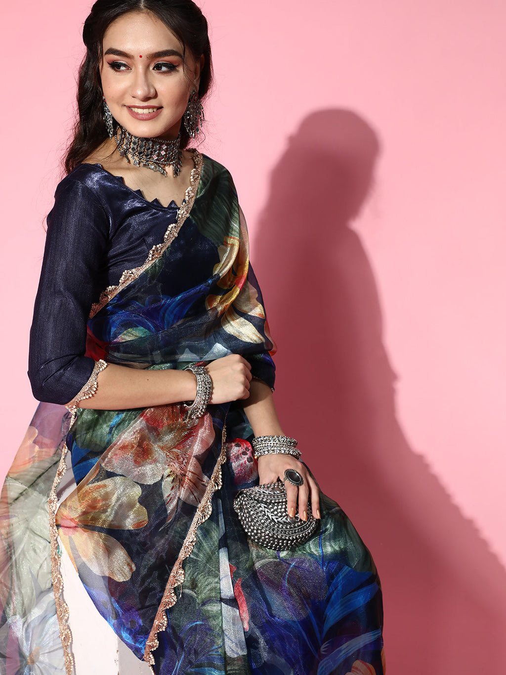 Tikhi Imli Navy Blue Saree with Zari border | Grocsy