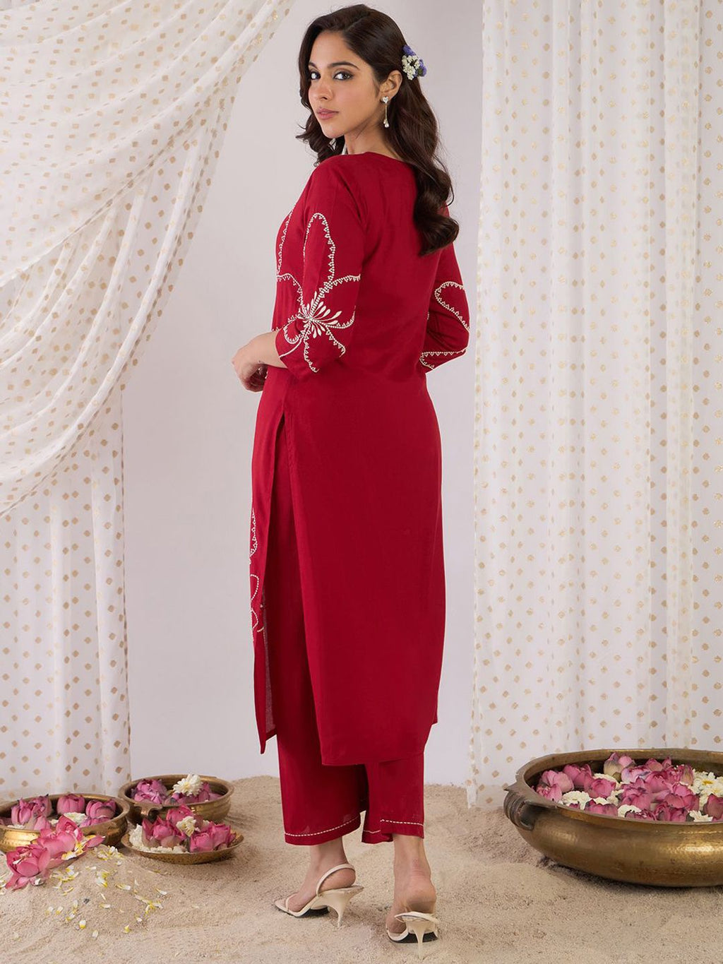 Indo Era Floral Embroidered Beads And Stones Straight Kurta With Palazzos | Grocsy