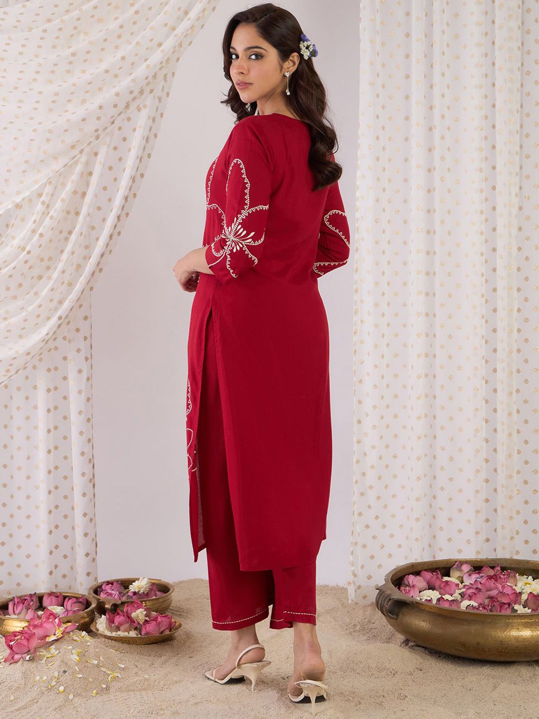 Indo Era Floral Embroidered Beads And Stones Straight Kurta With Palazzos | Grocsy